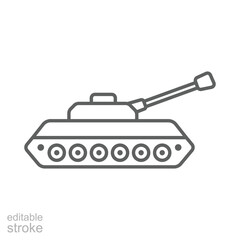 Military tank icon in outline style, armored vehicle symbol for war, defense, army combat, battlefield, weapon transport. Editable stroke