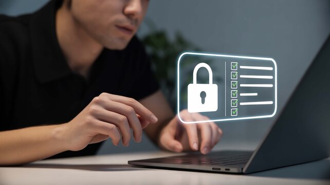 Securing digital life A man diligently protects online identity ensuring safety and privacy on laptop with a glowing