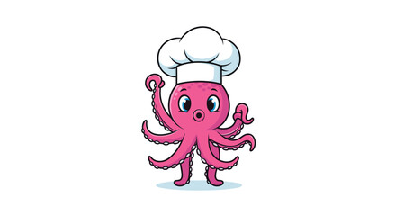 Obraz premium Adorable pink octopus chef character wearing a tall white chef hat waving happily with both hands