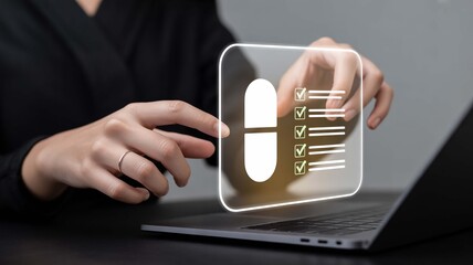 Woman checking a digital medicine prescription on a laptop ensuring wellness and health management at work with a dark