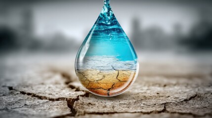 A symbolic scene of drought and water scarcity, featuring a large suspended water droplet over cracked ground,