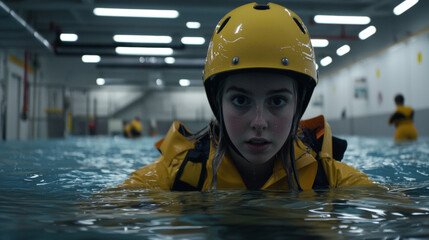 Lifeguard in yellow helmet and waterproof gear is focused while swimming in indoor training pool, practicing lifesaving techniques. environment is well lit and professional