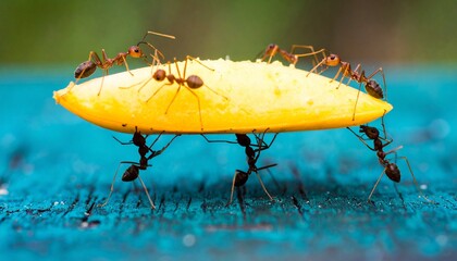 ants carrying a yellow flower