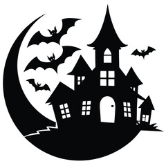 Spooky haunted house silhouette with bats and crescent moon halloween