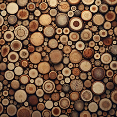 A dense collection of varied wood logs, each revealing distinct tree ring patterns and texture