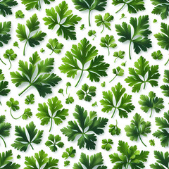 A vibrant, repeating pattern of fresh parsley leaves scattered on a clean, white surface backdrop.