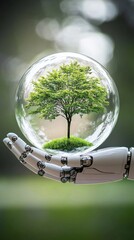 Robotic hand holding a sphere with a small tree inside.