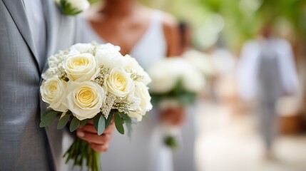 Groom holding a beautiful bouquet of white roses during a wedding ceremony