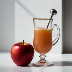 apple juice - red apple with drops of water and a glass of naturally cloudy apple juice in front of white background