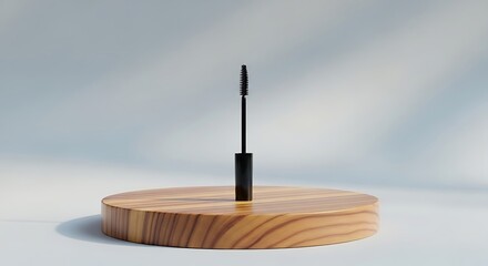Elegant Mascara Product Shot on Wooden Stand with Soft Light and Shadow Play