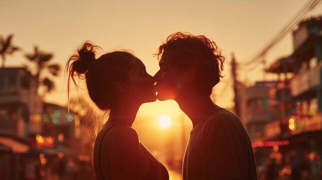 Silhouette of young couple kissing at sunset in a tropical town, celebrating love and romance