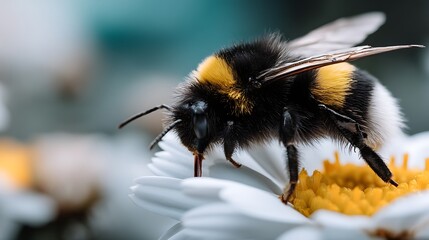 Fluffy Bumblebee on Daisy Closeup of Pollinating Insect in Nature.