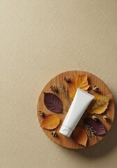 Elegant minimalist composition showcasing beauty product on wooden platter adorned with autumn
