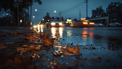 Blurred wet street lined with fallen leaves and moving car lights during blue hour