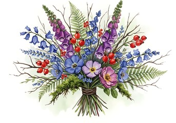 Elegant watercolor bouquet of wildflowers, berries, and ferns, a floral arrangement of delicate