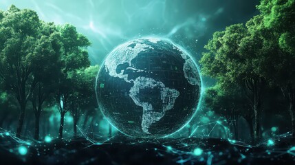 Digital earth globe surrounded by trees with a network of connections in a green environment