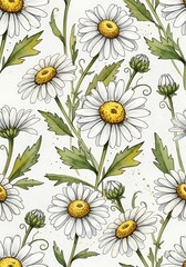Elegant Watercolor Daisy Flower Pattern: A Delicate Floral Composition Artwork