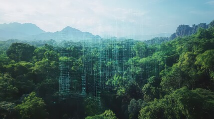 Fototapeta premium Aerial view of lush green forest with mountains and digital grid overlay on the treescape scene