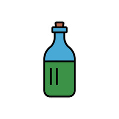 A blue bottle with a green liquid in it