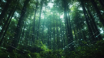 A dense forest with tall trees and glowing lines connecting them in a network like structure