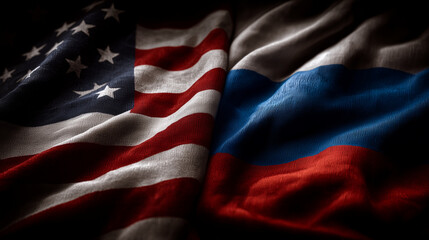 Tensions rise between nations united states and russia flags displayed political context darkened atmosphere symbolic representation