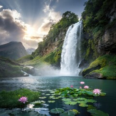 Majestic waterfall cascades into serene pond with water lilies