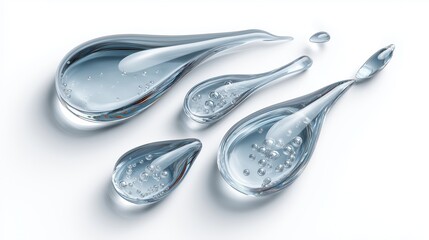 Artistic collection of transparent liquid droplets in unique teardrop shapes symbolizing purity, clarity and hydration in minimal style, Generative AI