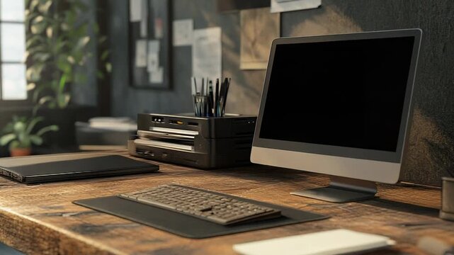 Modern office desk showing computer, keyboard, and printer in sunlight