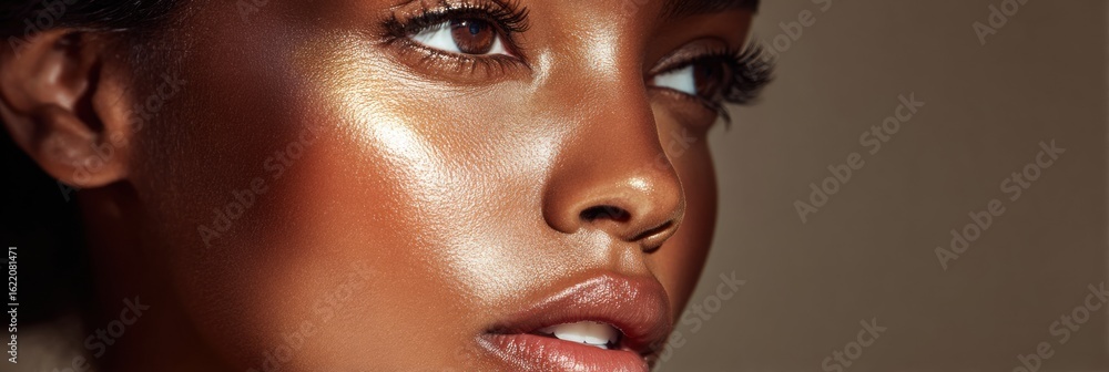 Poster stunning model showcasing radiant cheek highlighter glow with soft background blur captured during a