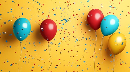 Colorful Balloons and Confetti on Yellow Background