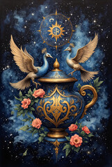 abstract butter pot transforming into dancing peacocks, harmonious blend of midnight blue and metallic gold, fluid Devanagari Om patterns, cosmic swirls forming Krishna's silhouette