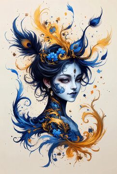 abstract Krishna silhouette formed by intricate paisley patterns, dancing peacock feathers, harmonious blend of royal blue and saffron, flowing butter pot designs