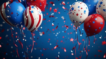 Red White and Blue Balloons with Confetti on Blue Background