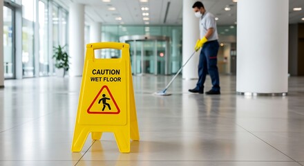 Caution wet floor sign with worker cleaning in background