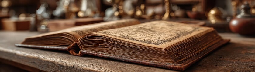 Obraz premium Paper logbook in rustic antique echo concept. An antique book resting on a vintage wooden table.