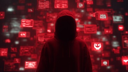 A hooded figure in a red-lit environment, surrounded by abstract digital data, creating a mysterious and intense atmosphere.