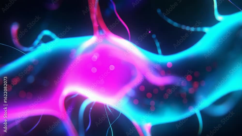 Poster futuristic neuron transmitting signals in a dark environment