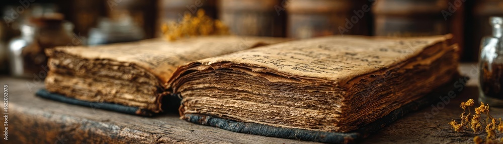 Poster paper logbook in rustic antique echo concept. an ancient open book resting on a rustic wooden table.