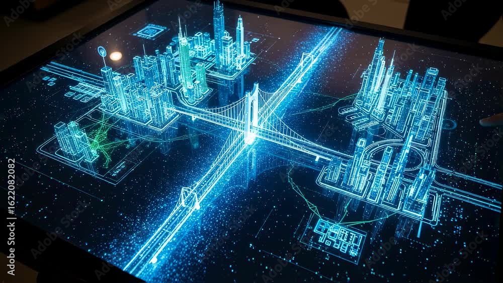 Poster interactive digital city model simulation on a large screen table. futuristic urban planning and dat