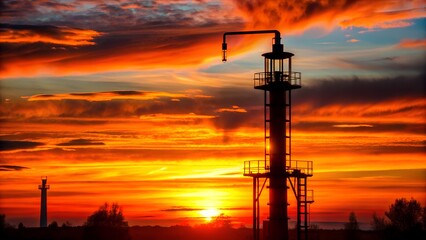 Fototapeta premium Photo of the silhouette of an oil refinery tower stands tall against a fiery sunset, symbolizing the energy industrys impact on the environment and the ongoing debate about climate change