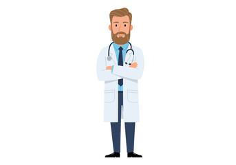 Fototapeta premium Bearded doctor in lab coat with stethoscope confidently ready for patient care and medical expertise