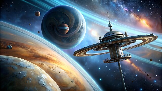 Photo of futuristic space station orbiting a gas giant planet, exploring the vastness of the universe, a testament to human ingenuity and scientific advancement