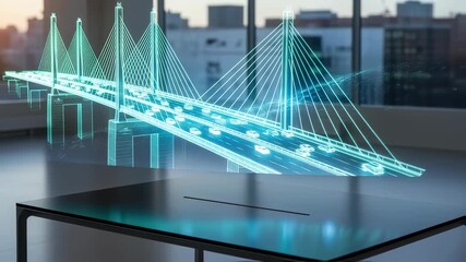 Holographic projection of blueprint bridge with wireframe cars movement on modern table in city office. - Powered by Adobe