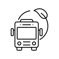 Electric Bus Icon, Green Leaf in Circle, Eco City Transport, Thin Line Zero Emission Symbol.