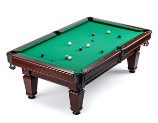 A dark wood pool table with green felt, showing several balls in play, sits on a white background