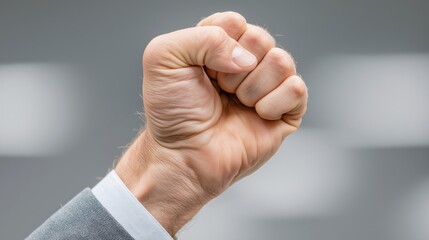 Motivated individual raising clenched fist in a bright architectural interior symbolizing personal empowerment and silent protest, Generative AI