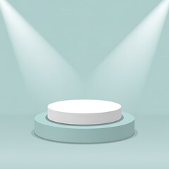 Empty white podium with spotlights on a light blue background