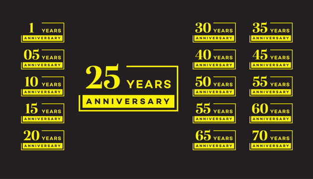 Anniversary Logos  Yellow and Black Design  Set of 1, 5, 10, 15, 20, 25, 30, 35, 40, 45, 50, 55, 60, 65, 70 Years