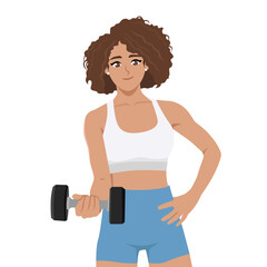 Strong Woman Doing Bicep Curl with Dumbbell. Flat vector character illustration