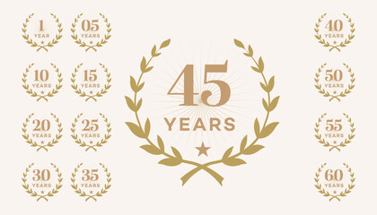 Anniversary Logos 1, 5, 10, 15, 20, 25, 30, 35, 40, 45, 50, 55, 60 Years  Gold Wreath Design Set